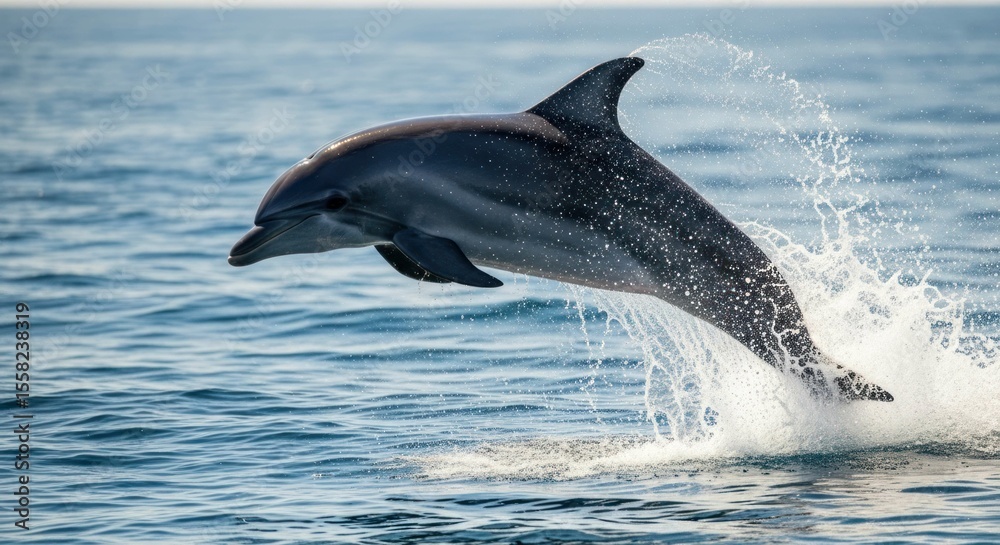 Obraz premium Jumping dolphin in the sea with water splashes on a sunny day.