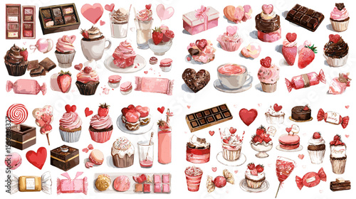 A collection of watercolor Valentine desserts and sweets, featuring cupcakes, chocolates, candies, and heart-themed treats in pink and red tones.

