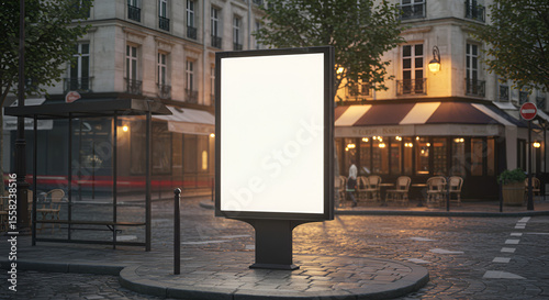 Blank billboard in a Parisian street at dusk