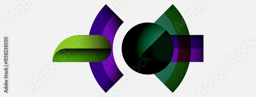 Abstract graphic design features layered shapes, vibrant colors. Purple, green hues create dynamic visual impact. Modern, minimalist aesthetic.