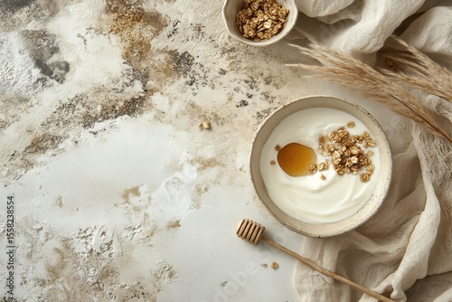 Creamy yogurt with honey and granola on a rustic table, featuring natural textures, soft colors, and a minimalistic presentation, perfect for healthy eating concepts