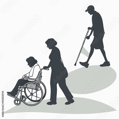 Silhouette of a caregiver pushing an elderly woman in a wheelchair accompanied by a person using a walking cane on a gentle slope