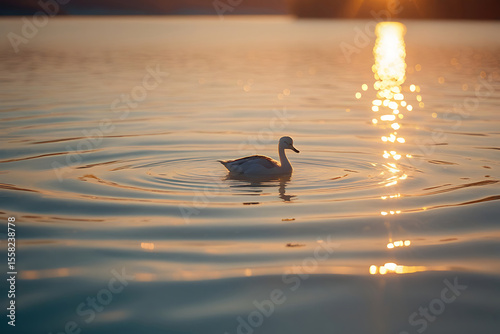 A lone duck on a lake at sunset. Calm lake scene with duck and sunlit ripples