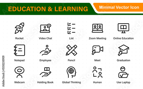 Education set of web icons in line style. Learning icons for web and mobile app. E-learning, video tutorial, knowledge, study, school, university, webinar, online education.