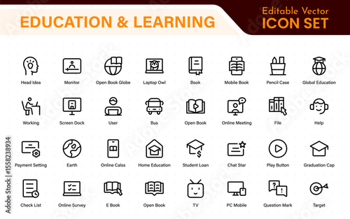 Education set of web icons in line style. Learning icons for web and mobile app. E-learning, video tutorial, knowledge, study, school, university, webinar, online education.