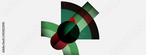 Abstract geometric design. Circular segments overlap, creating dynamic composition. Colors include shades green, red, black, white. Minimalist style.