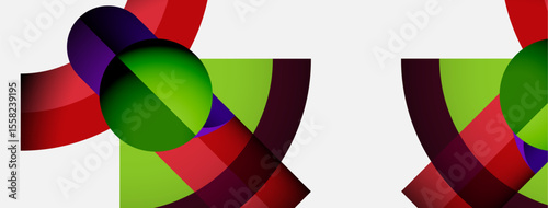 Abstract composition features overlapping colorful shapes. Green, red, purple hues create dynamic visual effect. Modern design.