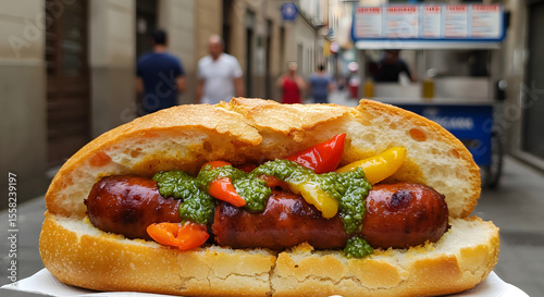 Delicious Sausage Sandwich with Chimichurri Sauce and Peppers in Street Food Scene