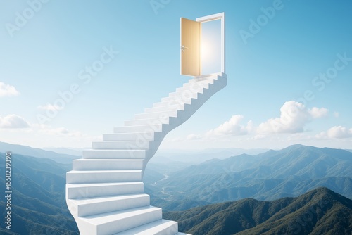Surreal staircase leading to open door in sky above mountains with bright light and blue sky background, symbolizing opportunity and imagination.