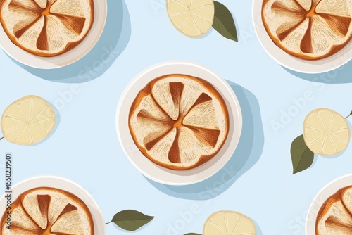 Decorative and Creative Illustration of Dried Lemon Citrus with Green Leaves on a Soft Blue Background for Stylish Home Decor or Culinary Use