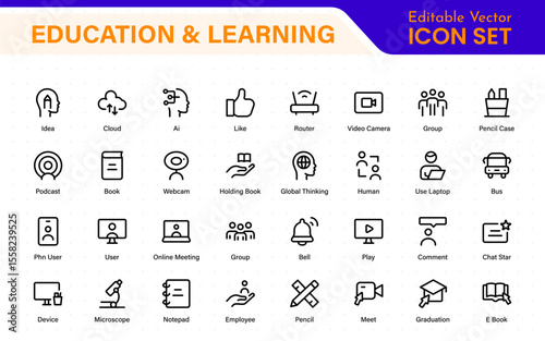 Education set of web icons in line style. Learning icons for web and mobile app. E-learning, video tutorial, knowledge, study, school, university, webinar, online education.