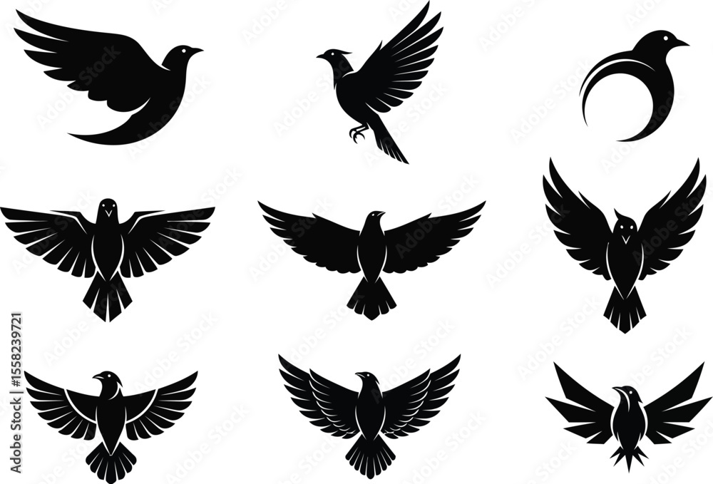 Obraz premium Collection of various black bird silhouettes on a white background