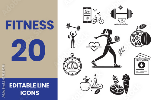 Outline icons about fitness. Healthcare. Contains such icons as gym, training, sports, running, diet, body building, yoga and equipment.