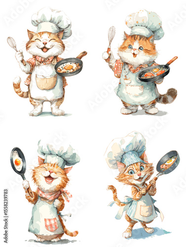 Cute chef cats cooking with frying pans and spoons, wearing aprons and hats, perfect for culinary-themed kids’ books and adorable mascot designs.

