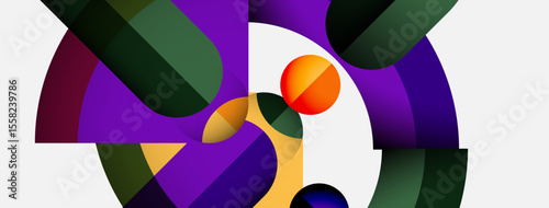 Abstract composition featuring curved shapes, vibrant colors. Purple, orange, green dominate design. Modern, minimalist aesthetic.