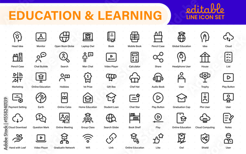 Education set of web icons in line style. Learning icons for web and mobile app. E-learning, video tutorial, knowledge, study, school, university, webinar, online education.