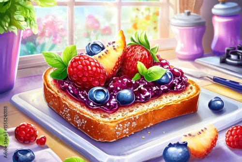 Delicious and Colorful Toast with Berry Spread and Fresh Fruit Garnish in a Bright Kitchen Setting with Natural Light Filtering Through the Windows