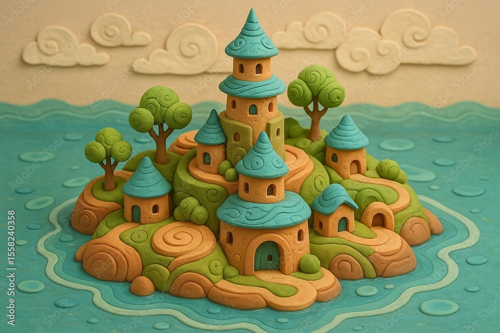 Naklejka premium Fairytale clay castle on spiral island with turquoise roofs surrounded by ocean and fantasy trees