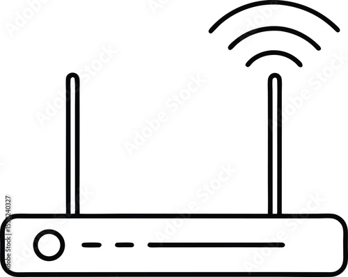 Simple line art icon of a wireless router with antennas and signal waves isolated on white background