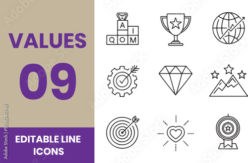 Core values icon pack collection set for business management and leadership. With integrity, innovation, teamwork, perseverance, empathy, accountability, adaptability, trust, excellence, kindness