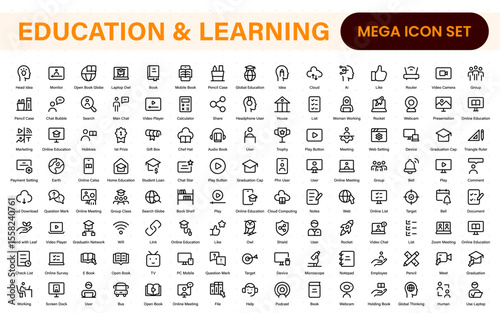 Education set of web icons in line style. Learning icons for web and mobile app. E-learning, video tutorial, knowledge, study, school, university, webinar, online education.