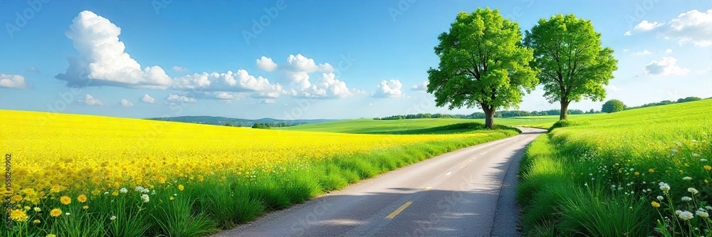 Fototapeta premium Winding Country Road Through Lush Summer Fields A Serene Scene of Natures Beauty, Perfect for Travel and Lifestyle Projects