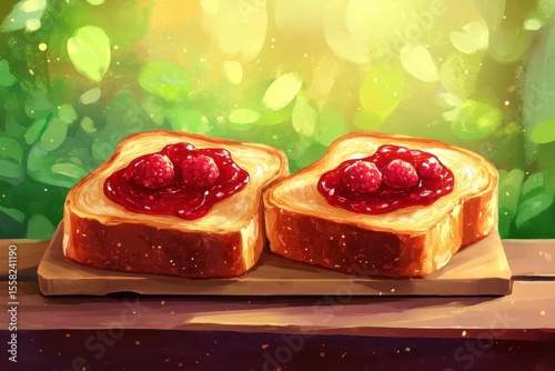 Delicious and Vibrant Toast with Raspberry Jam on a Wooden Plate Surrounded by Lush Greenery Capturing a Cozy and Inviting Breakfast Scene