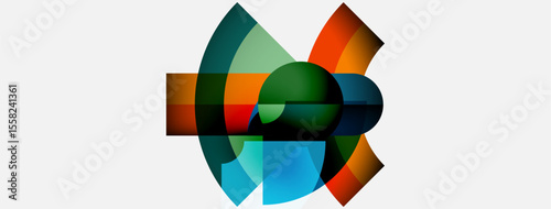 Abstract geometric design. Overlapping colorful shapes create dynamic circular composition. Modern, vibrant, minimalist aesthetic.