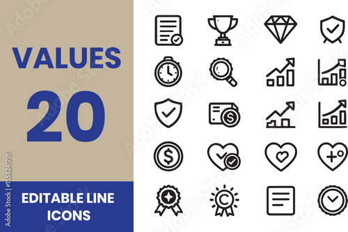 Core values icon pack collection set for business management and leadership. With integrity, innovation, teamwork, perseverance, empathy, accountability, adaptability, trust, excellence, kindness