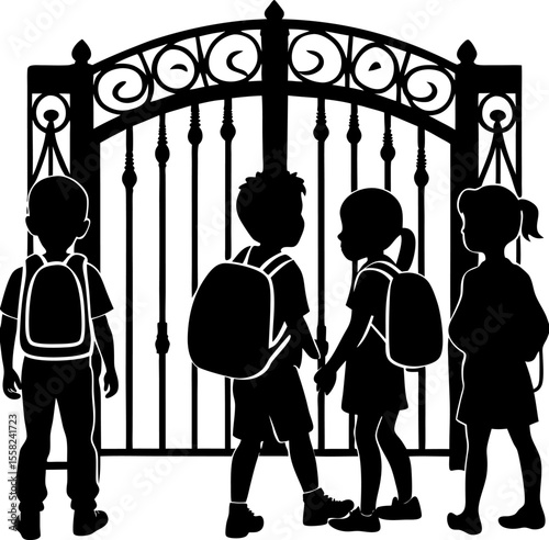 Diverse group of children with backpacks standing at a decorative black metal school gate ready for their first day of learning