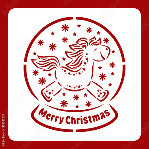 Stencil snow globe with cute horse. Christmas decoration with Chinese New Year symbol - a cheerful happy pony. Vector template for plotter laser cutting of paper, wood carving, metal engraving, cnc.