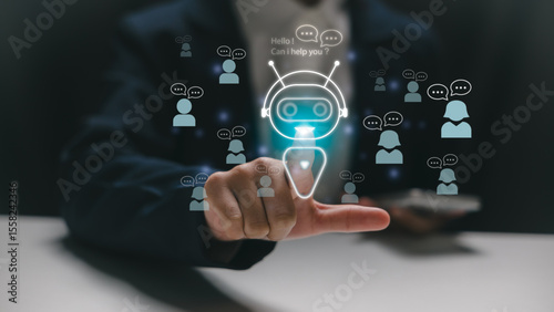 AI chatbot technology for customer support. A businessman interacts with a virtual assistant via a touch interface, showcasing digital communication between users and artificial intelligence.