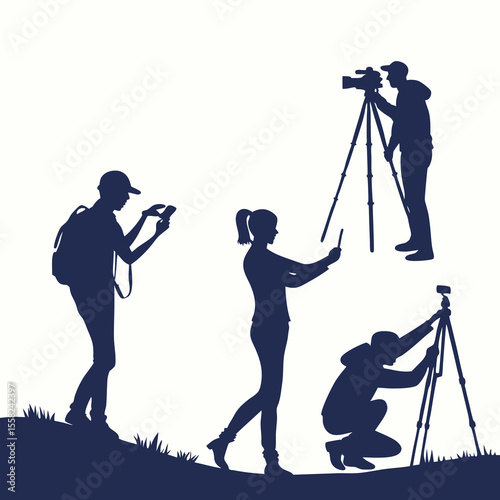 Diverse group of people silhouetted against a white background capturing moments with cameras and smartphones outdoors