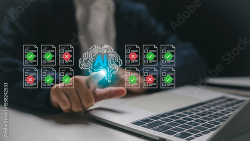 AI technology for document verification and data validation. Businessman using artificial intelligence to analyze and authenticate digital documents with checkmarks and error indicators.
