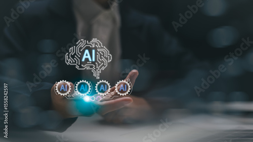 Artificial intelligence technology and automation system. Businessman controlling AI processes through virtual interface with gear icons, symbolizing machine learning and innovation.
