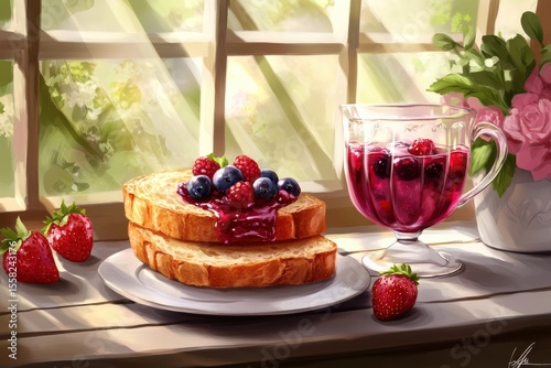 Delicious Breakfast Scene with Toast and Berry Jam Beside a Refreshing Drink in a Sunlit Kitchen Setting with Fresh Strawberries and Flowers