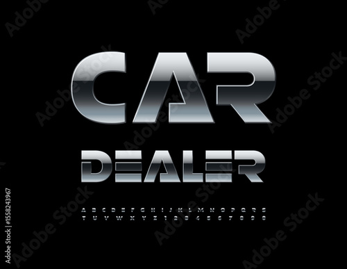 Vector Modern logo Car Dealer. Futuristic style Font. Cool Metallic Alphabet Letters and Numbers.