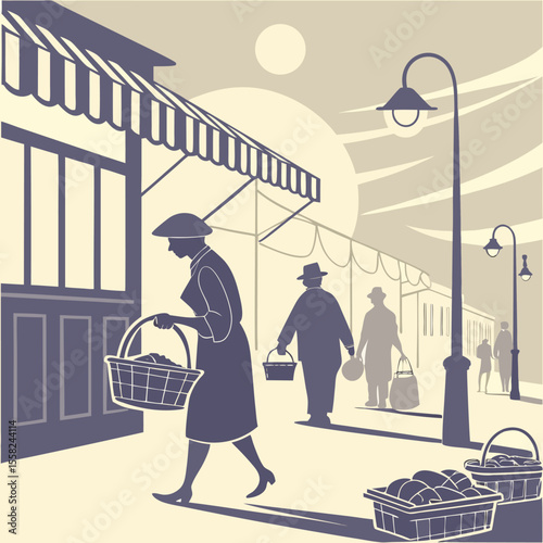Stylized illustration of people with baskets walking along a street market with awnings and streetlights under a pale sun