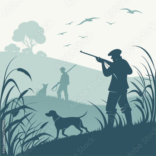 Two hunters and their dogs in a field with reeds and birds flying overhead during a hunting expedition