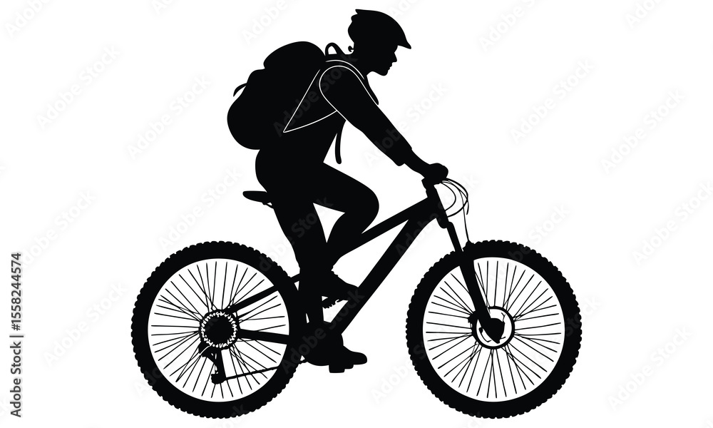 Naklejka premium Silhouette of a mountain biker with a backpack riding a bicycle isolated on a white background representing outdoor adventure and sport