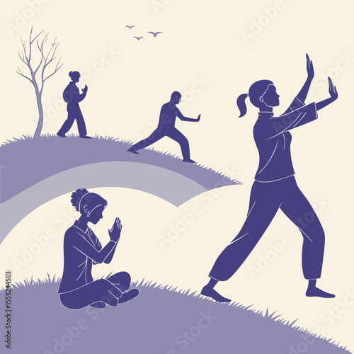 Silhouettes of people practicing tai chi and meditation outdoors on a grassy hill with a bare tree and birds flying in the sky