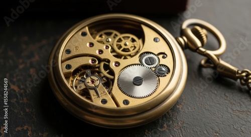 Intricate Timepiece: A captivating close-up showcases the mesmerizing inner workings of a vintage pocket watch. The intricate gears and mechanisms, bathed in the warm glow of the room.