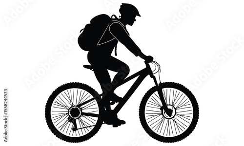 Silhouette of a mountain biker with a backpack riding a bicycle isolated on a white background representing outdoor adventure and sport