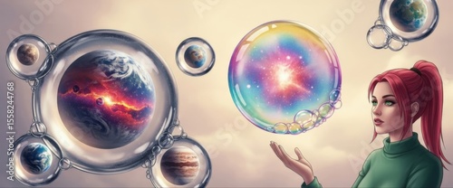 Celestial Visions: A young woman gazes at a mesmerizing sphere of swirling cosmos and planets in a surreal digital artwork, contemplating the universe.