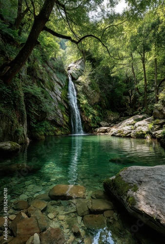 Serene Mountain Waterfall Surrounded by Lush Green Forest with Crystal Clear Pool in Tranquil Nature Scene