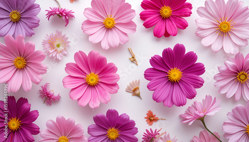 Delicate cosmos flowers in shades of pink and purple scattered across a clean white surface create a soft floral aesthetic.