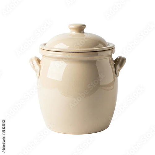 A rustic beige ceramic pot with a matching lid and two side handles. Perfect for traditional cooking, slow simmering, or storing food in a country kitchen setting.