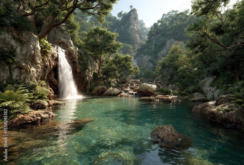 Serene Natural Landscape with Clear Waterfall Cascading into Tranquil Pool Surrounded by Lush Greenery and Majestic Rocky Outcrops
