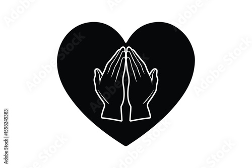 Silhouette art illustration of a praying hands with in a heart background.eps