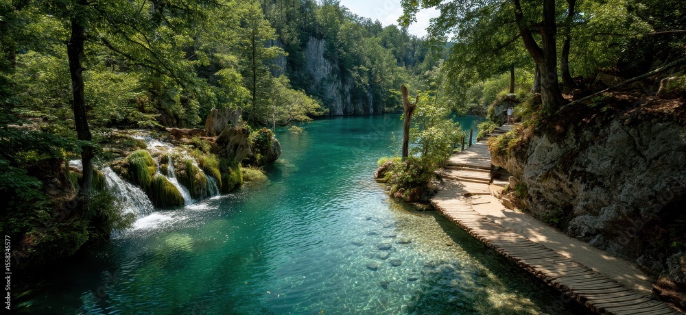 Fototapeta premium Serene Nature Scene with Clear Turquoise Water, Wooden Pathway, and Lush Greenery in a Scenic Forest Setting